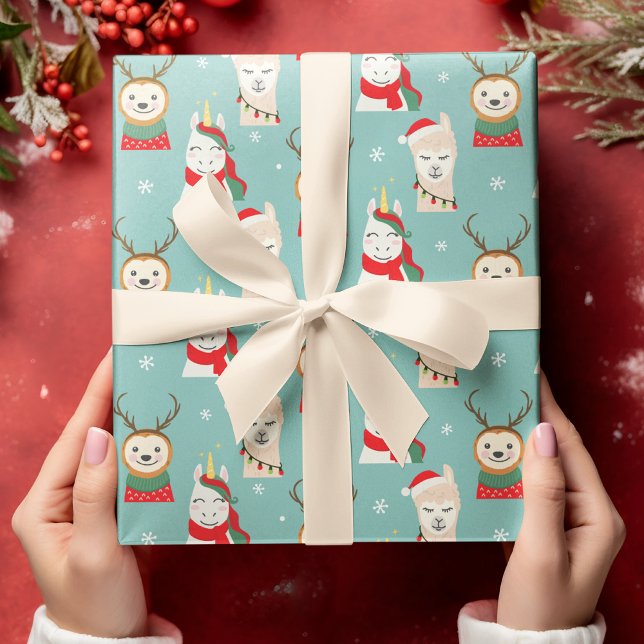 Christmas Cute Sloth Unicorn Llama Modern Holidays Wrapping Paper (Creator Uploaded)