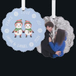 Christmas Cute Snowmen Couple Photo Peace Love Joy Tree Decoration Card<br><div class="desc">A Christmas design: two cute little snowmen holding hands, dressed in knitted, red and green striped scarf and hat, on light blue background, surrounded by arched text with white snowflakes between words. The message above is Peace Love Joy, below there is the names and year. On the back there is...</div>