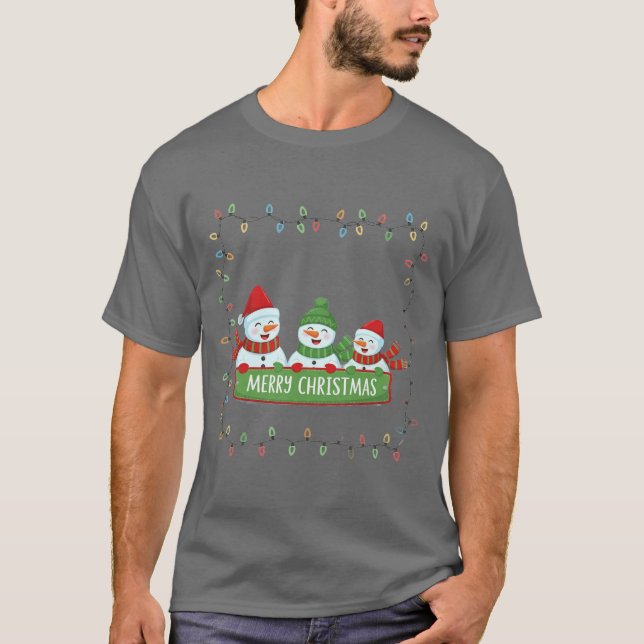 Christmas Cute Snowmen Lights Frame T-Shirt (Front)
