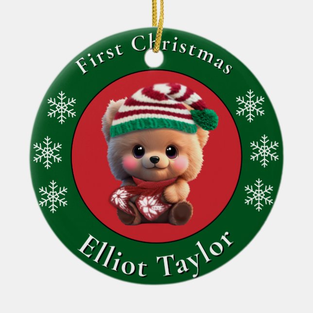 Christmas cute teddy bear cub red green lights  ceramic tree decoration (Front)