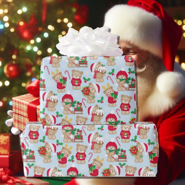 Christmas Cute Teddy Bears Holly Candy Canes Wrapping Paper (Creator Uploaded)
