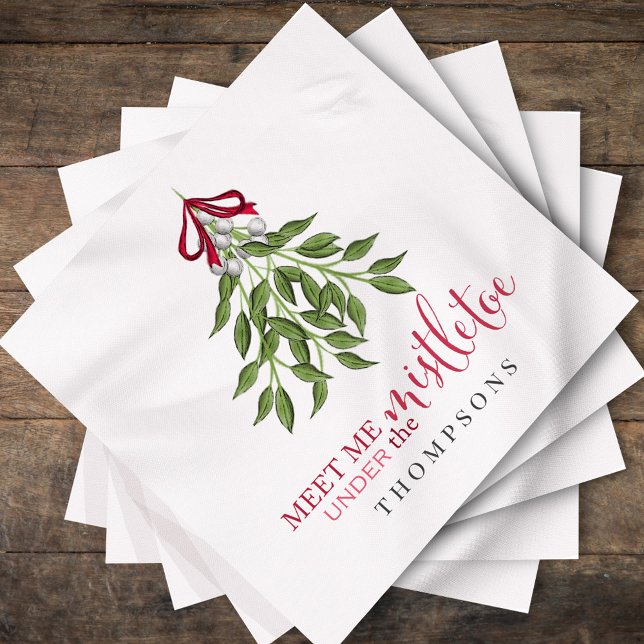 Christmas Cute Watercolor Greenery Mistletoe  Napkin (Christmas merry mistletoe "meet me under the mistletoe" cocktail napkin.)