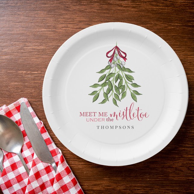 Christmas Cute Watercolor Greenery Mistletoe  Paper Plate (Mistletoe Red and Green Christmas paper plates. with cute calligraphy.)