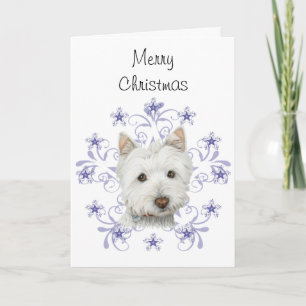 Christmas Cute Westie Dog Art and Snow flake Holiday Card