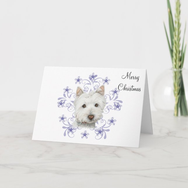Christmas Cute Westie Dog Art and Snow flake Holiday Card (Front)