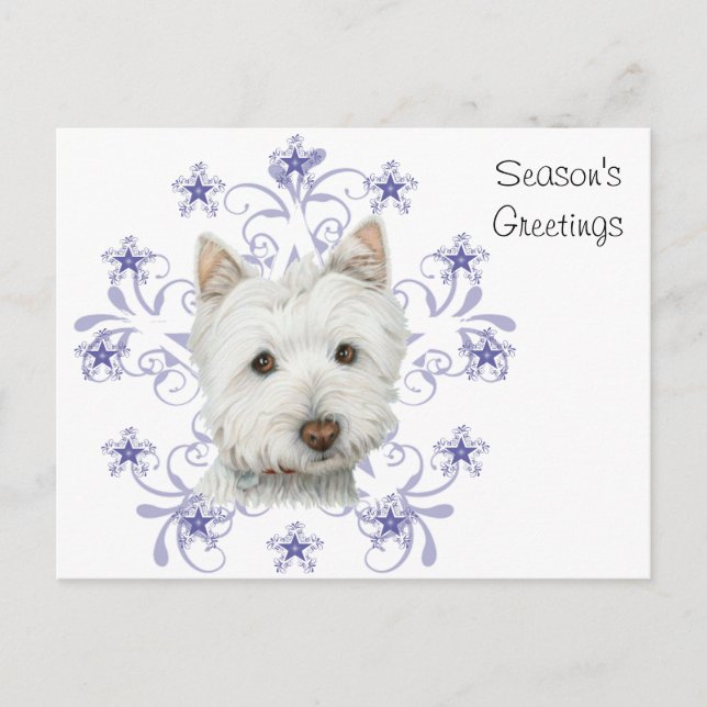 Christmas Cute Westie Dog Art and Snow flake Holiday Postcard (Front)