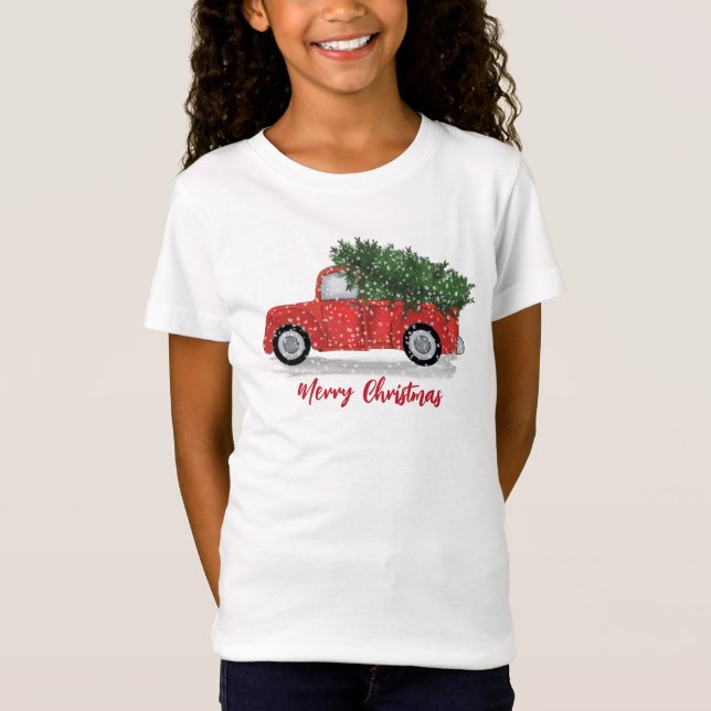 Christmas Cute Whimsical Rustic Red Truck Holiday T-Shirt (Front)