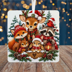 Christmas Cute Woodland Creatures Crimson Family Metal Tree Decoration