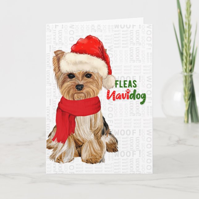 Christmas Cute Yorkshire Terrier Fleas NaviDOG Holiday Card (Front)