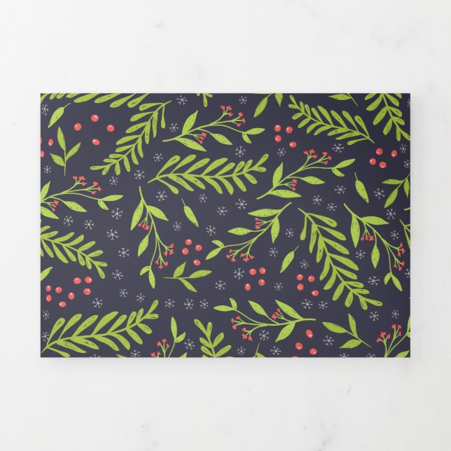 Christmas Cypress Snowflakes Berries Red Flowers Tri-Fold Holiday Card (Cover)