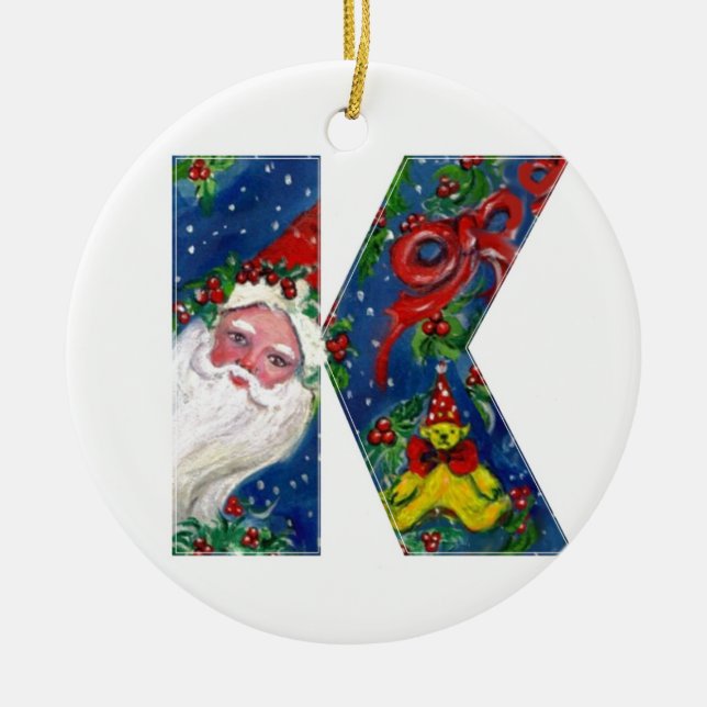 CHRISTMAS D LETTER / SANTA CLAUS WITH RED RIBBON CERAMIC TREE DECORATION (Front)