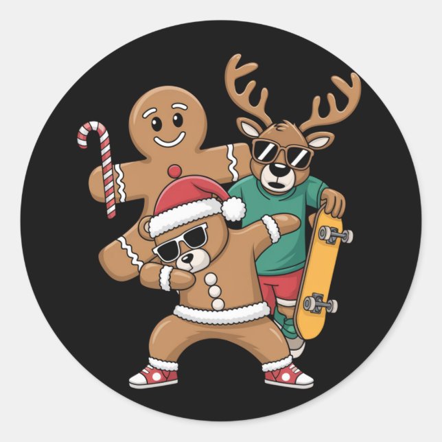 Christmas Dabbing Santa Bear Skate Reindeer Xmas  Classic Round Sticker (Front)