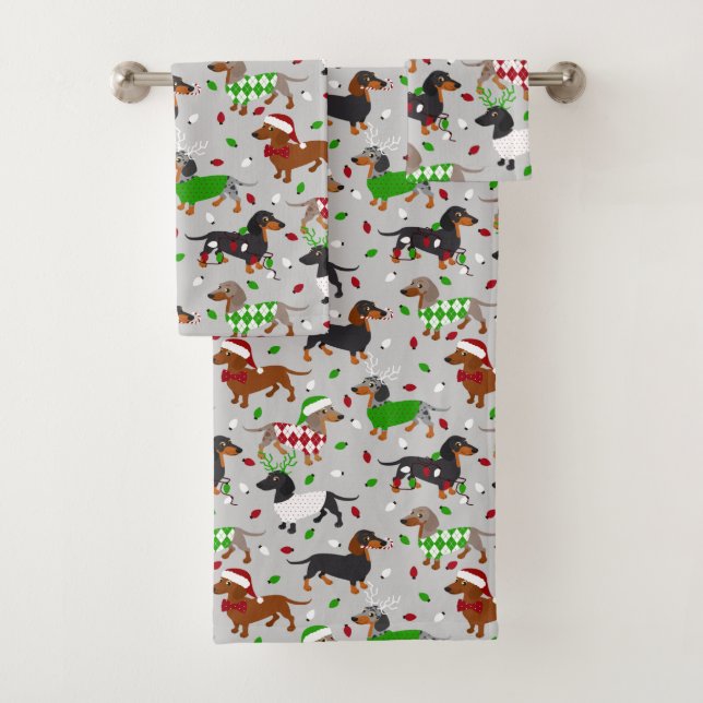 Christmas Dachshund All Coats Bath Towel Set (Insitu)