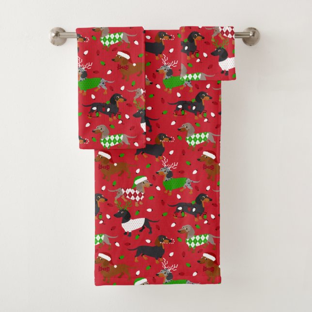 Christmas Dachshund All Coats Bath Towel Set (Insitu)