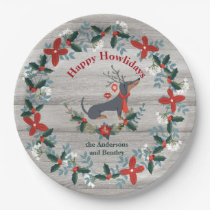 Christmas Dachshund   Dog Antlers Rustic Greenery Paper Plate