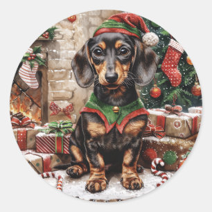 Christmas Dachshund Dogs Elf Classic Round Sticker