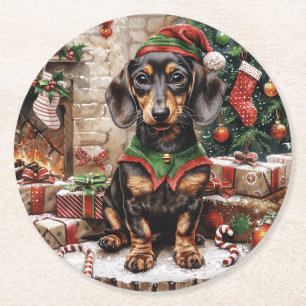 Christmas Dachshund Dogs Elf Round Paper Coaster