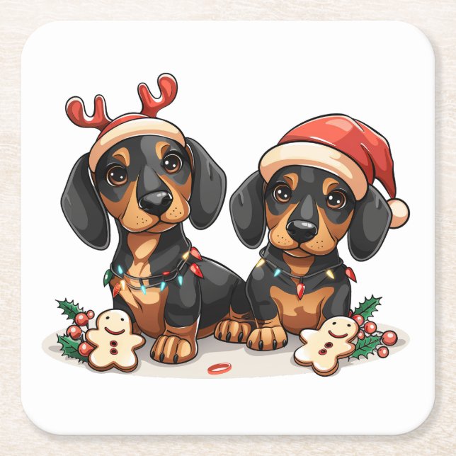 Christmas Dachshund Dogs Square Paper Coaster (Front)