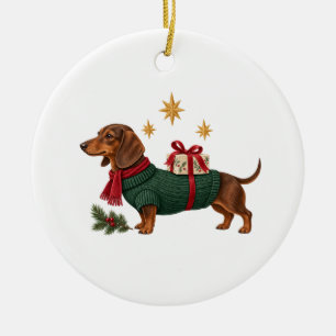 Christmas Dachshund in Green Sweater and Red Scarf Ceramic Tree Decoration