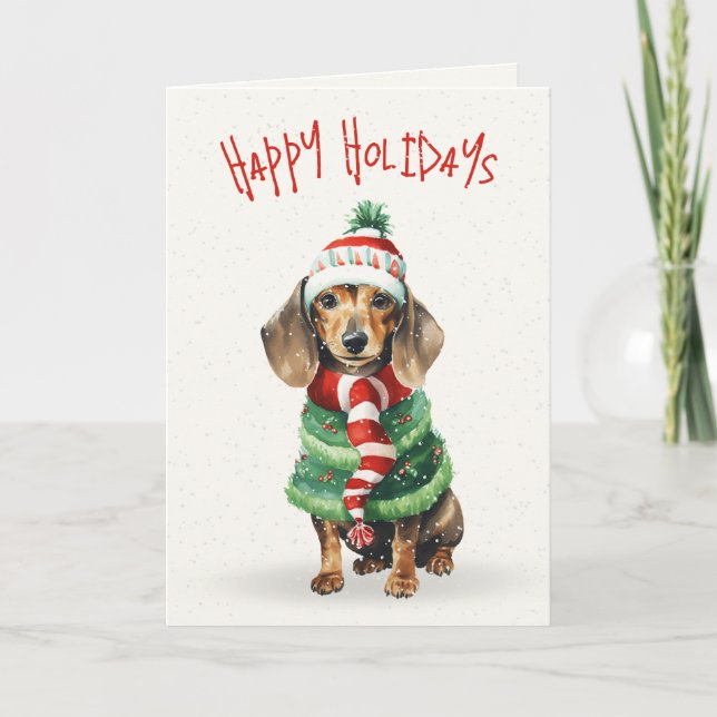 Christmas Dachshund In Snowflakes Holiday Card (Front)