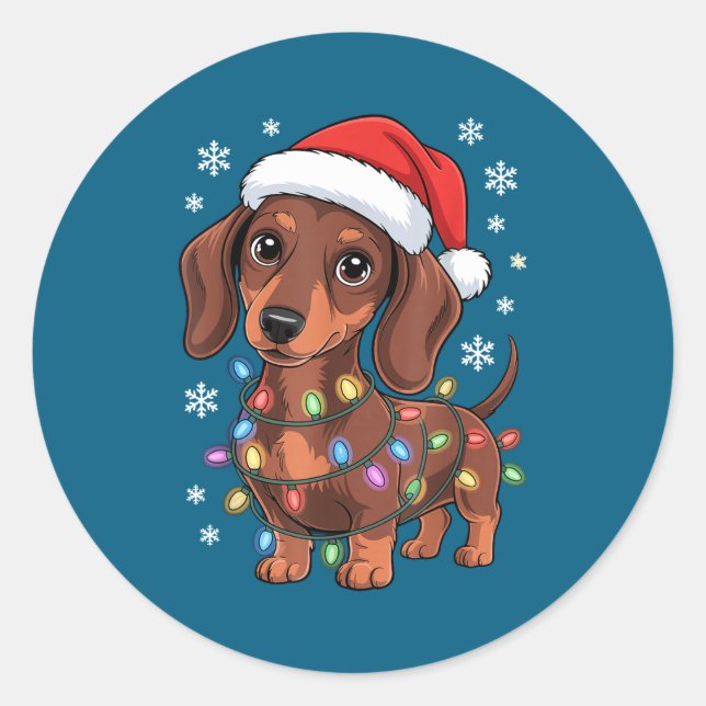 Christmas Dachshund Lights Santa Hat Holiday Dog L Classic Round Sticker (Front)