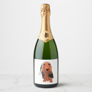 Christmas Dachshund- Red longhaired    Sparkling Wine Label