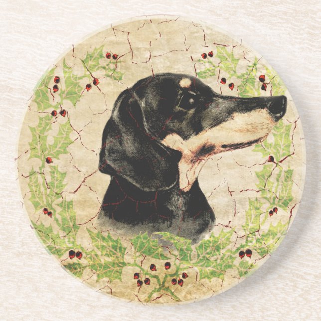 Christmas Dachshund Vintage Holly Wreath Coaster (Front)