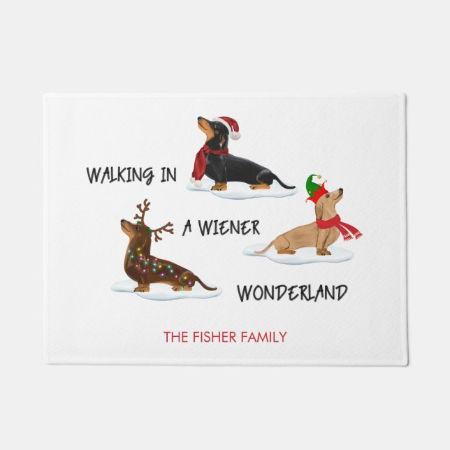 Christmas Dachshund Walking In A Wiener Wonderland Doormat (Front)
