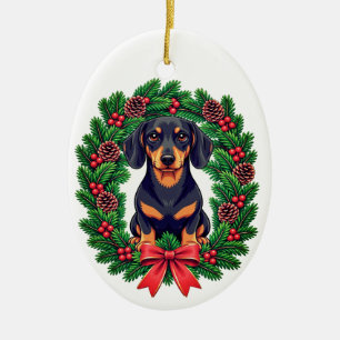 Christmas Dachshund with Festive Pine Wreath Ceramic Tree Decoration