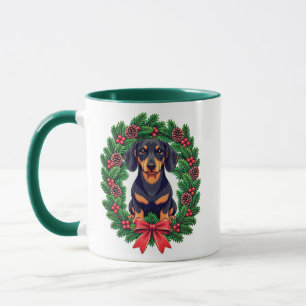 Christmas Dachshund with Festive Pine Wreath Mug