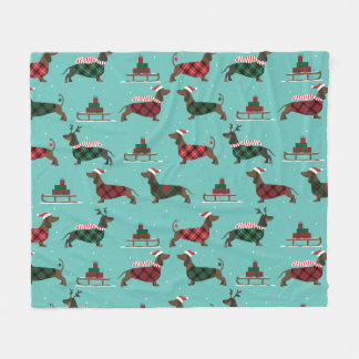 Christmas Dachshunds Wearing Sweater & Santa Hat Fleece Blanket