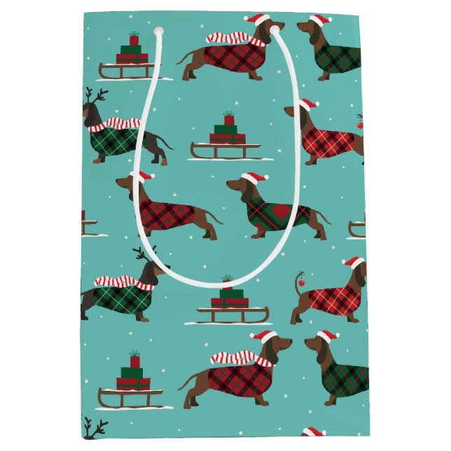 Christmas Dachshunds Wearing Sweater & Santa Hat Medium Gift Bag (Front)