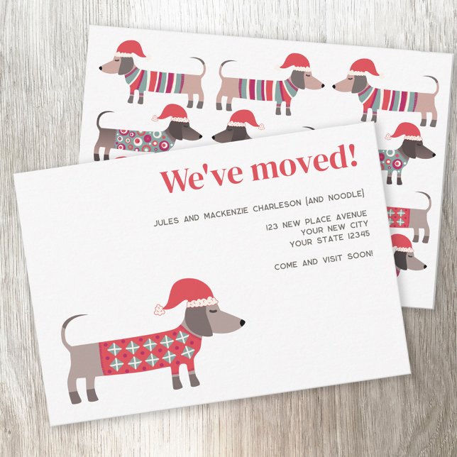Christmas Dachsund Dog Moving Announcement (Fun Dachshund Wiener Sausage Dog holiday moving announcement change of address with custom text)