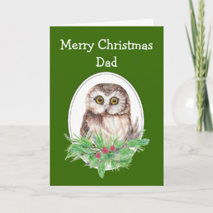 Christmas Dad Cute Owl Bird Holly PIne Holiday Card