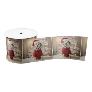 Christmas Dalmatian Dog In a Red Sweater Satin Ribbon