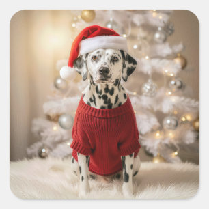 Christmas Dalmatian Dog In a Red Sweater Square Sticker