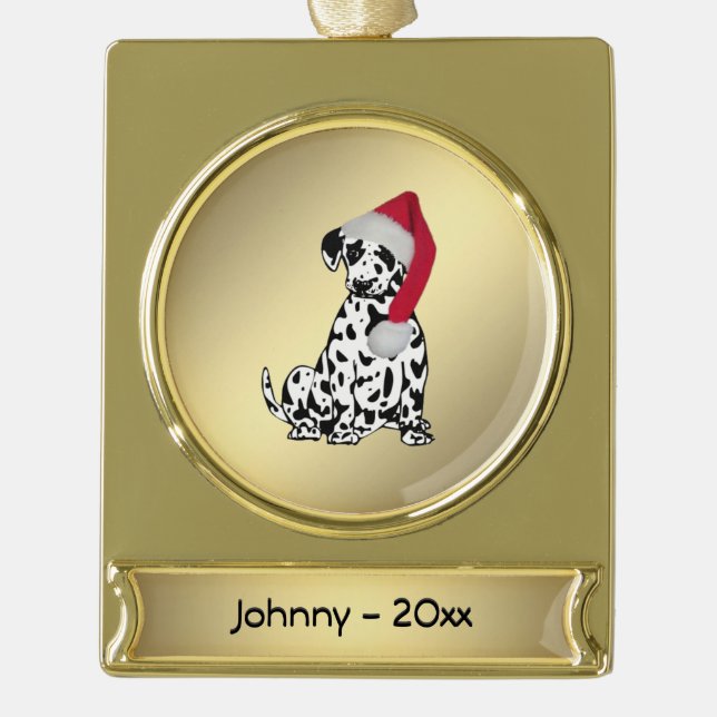 Christmas Dalmatian Personalised Date Gold Plated Banner Ornament (Front)
