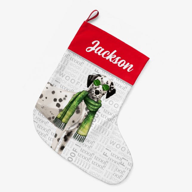 Christmas Dalmatian with Dog's Name Large Christmas Stocking (Front (Hanging))