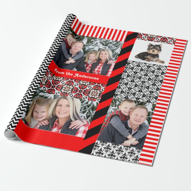Christmas Damask 5 Big Family Photos Custom Wrapping Paper (Unrolled)