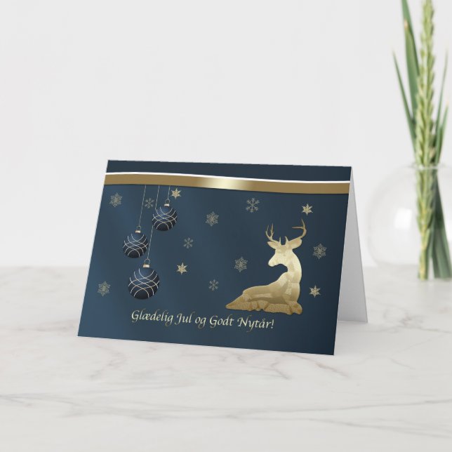 Christmas, Danish, Golden Deer and Snowflakes Holiday Card (Front)