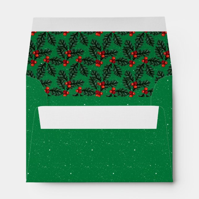 Christmas Dark Green Starry Night Sparkles Holly Envelope (Back (Bottom))