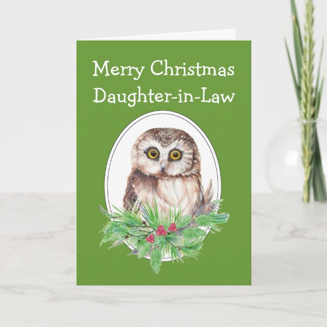 Christmas Daughter in Law Cute Owl Bird Holly PIne Holiday Card (Front)