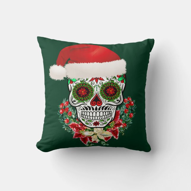 Christmas Day Of The Dead Sugar Skull Santa Hat Cushion (Front)