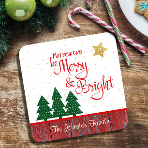 Christmas Days Be Merry Bright Tree Gold Star Name Coaster