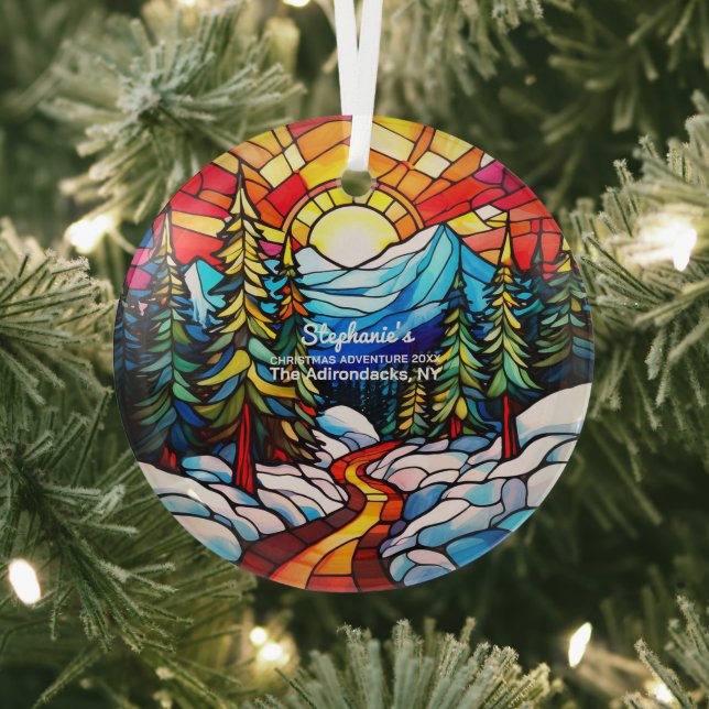 Christmas Decor The Adirondacks NY Adventure Hike Glass Tree Decoration (Insitu)