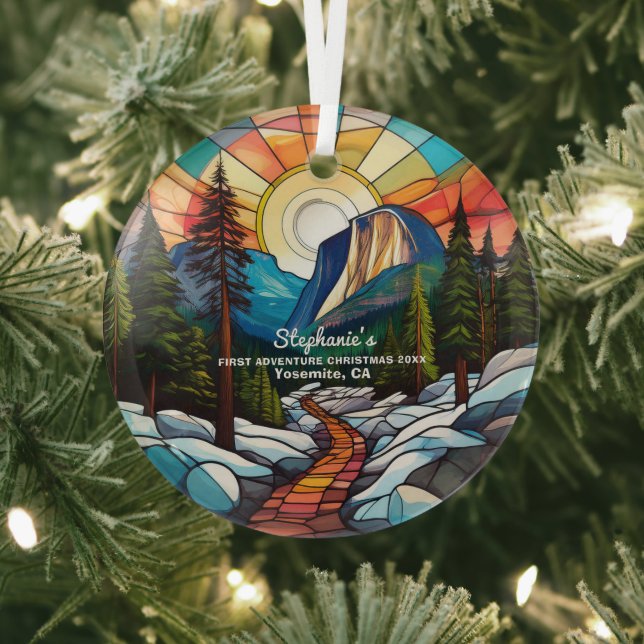 Christmas Decor Yosemite California Adventure Hike Glass Tree Decoration (Insitu)