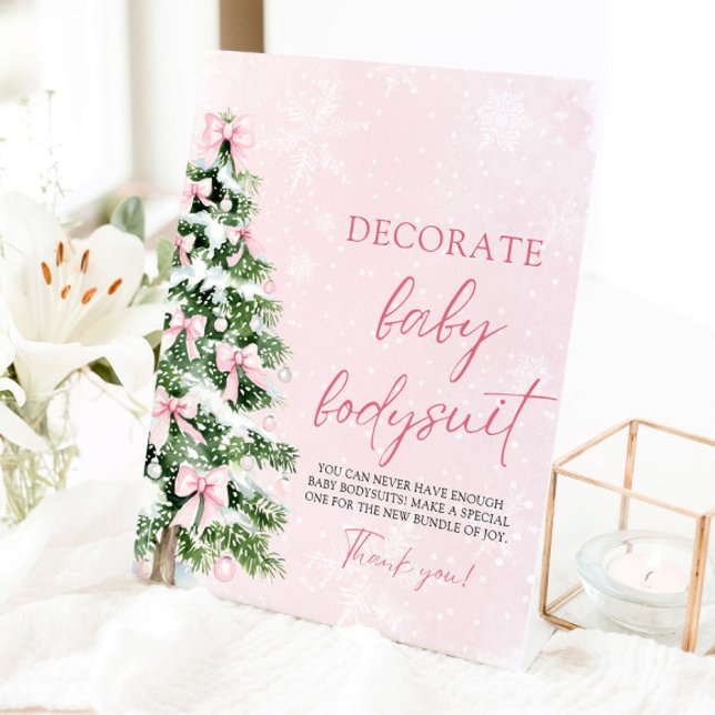 Christmas Decorate Baby Bodysuits Baby Shower Game Pedestal Sign (Pink Bows Christmas Decorate Baby Bodysuits Baby Shower Game Sign)