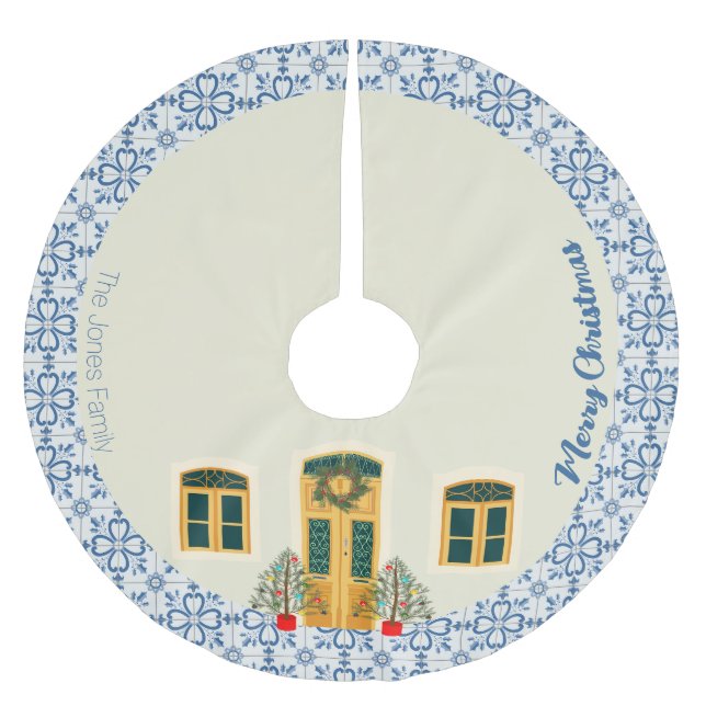 Christmas decorated house and Portuguese tiles Brushed Polyester Tree Skirt (Front)