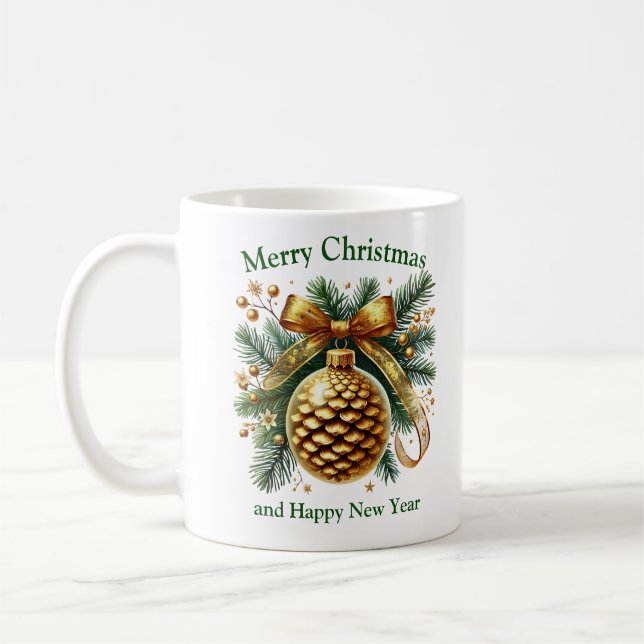 Christmas decoration pine cone sage green and gold coffee mug (Left)