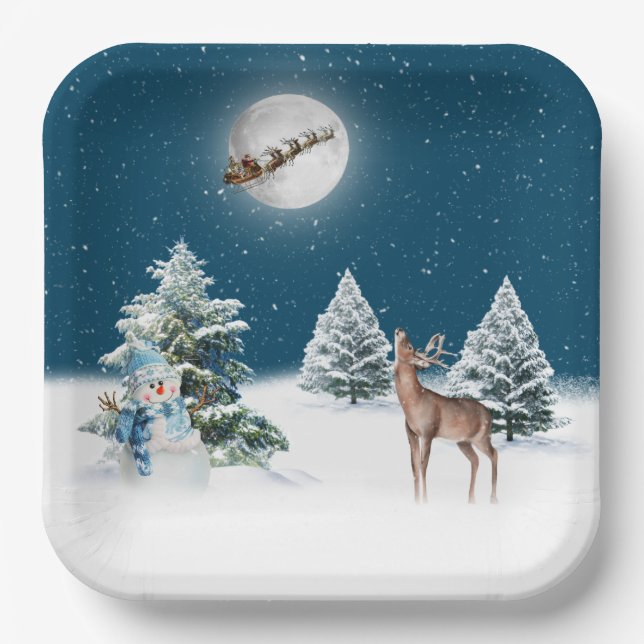 Christmas Deer and Santa Claus Paper Plate (Front)